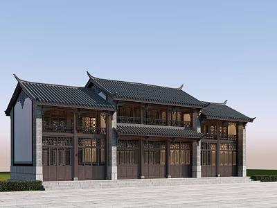Traditional Chinese Ancient Architecture Featuring Two Story Wooden Structure Black Tiled Roof And Carved Windows 3d model