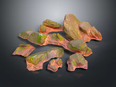 Natural Stone And Wood Decorative Pieces With Green Moss And Textures 3d model