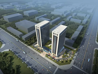 Modern Tall Hotel Building With Glass Facade In Urban Area Surrounded By Roads And Traffic 3d model