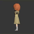 Cartoon Child with Red Hair Beige Coat Blue Top Black Shorts Arms Outstretched on Gray