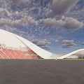 Modern Architectural Structure With White Curved Roof Green Lawn And Cloudy Blue Sky