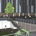 Outdoor Garden Landscape With Lawn Benches People Modern Building And Stairs