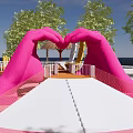 Colorful Children's Play Area With Pink Slide Wooden Canopy And Surrounding Trees