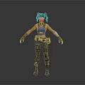 Woman With Pigtail Hairstyle Blue Sleeveless Crop Top Cargo Pants Fingerless Gloves And Combat Boots