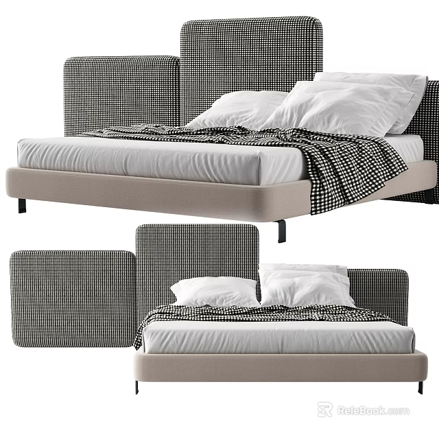 Modern Double Bed With Plaid Patterned Headboard White Pillows And Checkered Blanket 3d model
