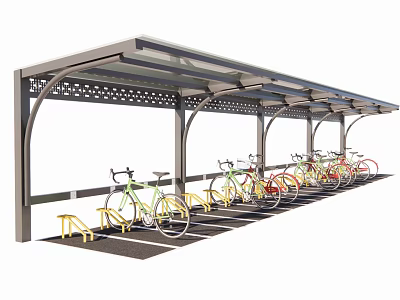 Bike Shelter With Metal Frame Transparent Roof And Yellow Bicycle Parking Racks 3d model