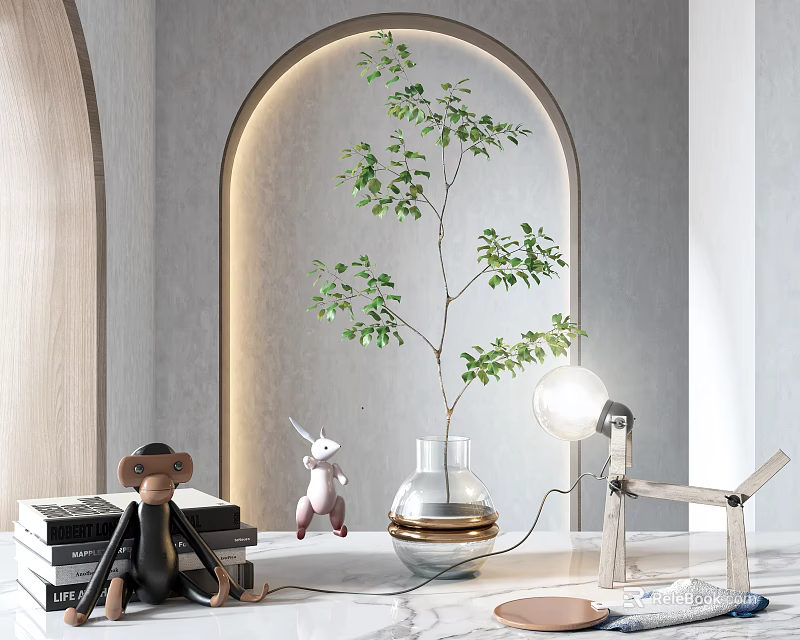 Modern Decorative Ornament Set With Monkey Rabbit Figurines Green Plant Glass Vase And Table Lamp 3d model 