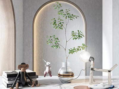 Modern Decorative Ornament Set With Monkey Rabbit Figurines Green Plant Glass Vase And Table Lamp 3d model