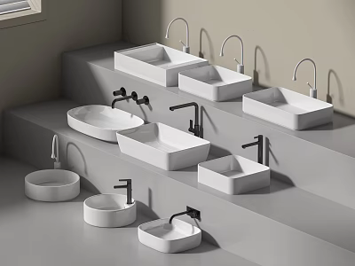 Different Styles Of White Washbasins Featuring Modern Faucets On Tiered 3d model