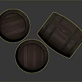 Three Wooden Barrels with Metal Hoops for Household Storage and Decorative Use