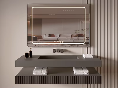 Modern Bathroom Vanity Cabinet With LED Mirror Floating Design And Towels On Shelves 3d model