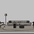 Modern Beige Sofa Set With Cushions Round Coffee Table Floor Lamp And Patterned Rug