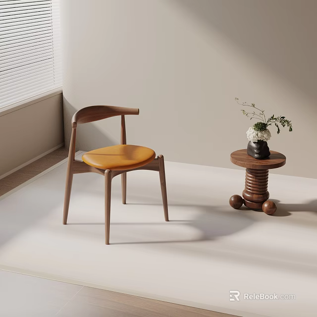 Modern Leisure Chair With Wooden Curved Backrest And Yellow Cushion By Small Round Side Table 3d model 