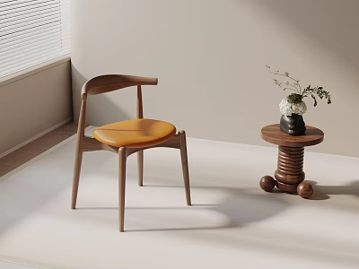 Modern Leisure Chair With Wooden Curved Backrest And Yellow Cushion By Small Round Side Table 3d model