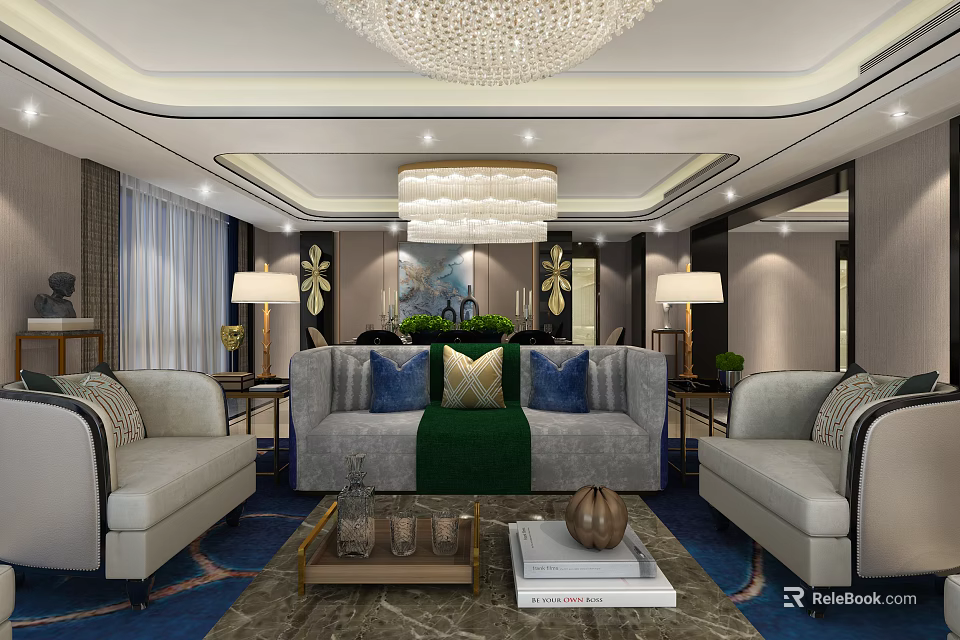 Elegant Modern Living Room Interior With Chandelier Sofa Coffee Table Rug And Decorative Painting 3d model 