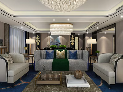 Elegant Modern Living Room Interior With Chandelier Sofa Coffee Table Rug And Decorative Painting 3d model