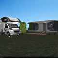 Modern Space Capsule Structure With RV And Glass Walls On Green Grassland
