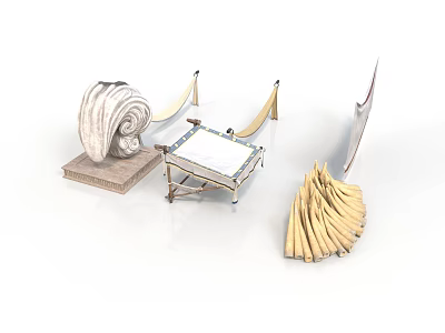 Decorative Household Items With Woven Shell Folding Table Canvas Awning And Banana Bunch 3d model