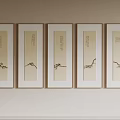 Five Vertical Decorative Paintings With Bird Patterns Light Background White Brown Frames Minimalist Style