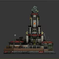 Cartoon Style Multi Level Tower Structure With Red Roofs Green Decorations And Fence