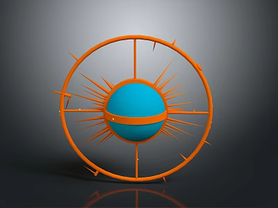 Modern Abstract Decorative Artwork Featuring Orange Frame Blue Sphere And Radial Spikes 3d model