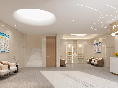 Modern Hospital Outpatient Clinic Lobby Interior With Sofas Staircase And Info Boards 3d model