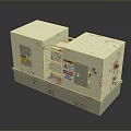 Industrial Equipment Model Beige Cubic Structures With Connecting Parts Red Stains And Warning Signs