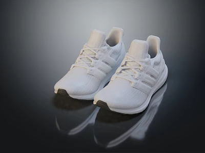 White Sports Sneakers with Knitted Upper White Sole Laces and Reflective Surface on Dark Background 3d model