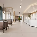 Modern Hotel Lobby Interior With Marble Reception Desk Wooden Shelves And Green Plants