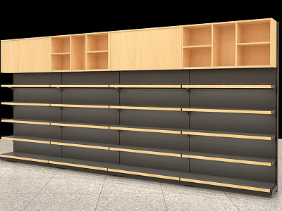 Modern Retail Shelving Unit With Wooden Panels Black Metal Frames And Multiple Storage Shelves 3d model