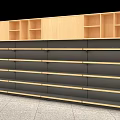 Modern Retail Shelving Unit With Wooden Panels Black Metal Frames And Multiple Storage Shelves