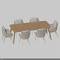 Modern Wooden Dining Table Set With Rattan Chairs And Light Gray Cushions