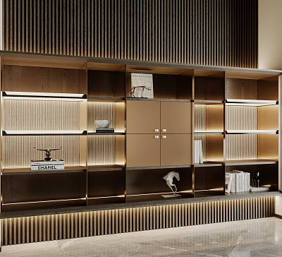 Modern Wooden Bookcase With Layered Design LED Lighting And Decorative Items 3d model