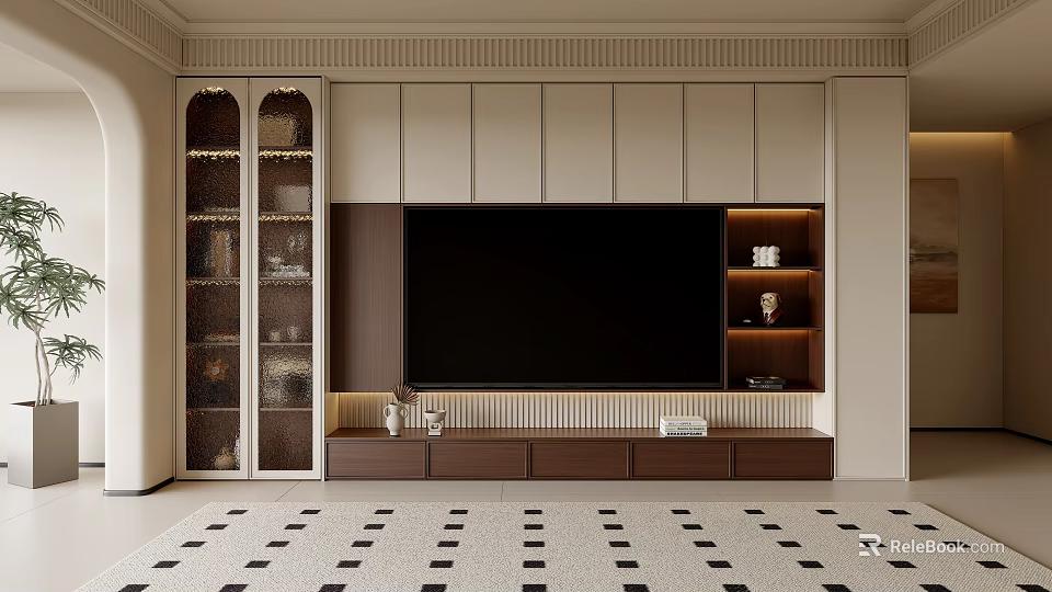 Modern Living Room TV Cabinet With Wooden Structure Glass Door Shelves And Drawer Storage 3d model 