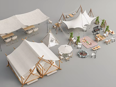 Luxury Glamping Tents With Wooden Frames White Canvas Outdoor Furniture And Green Plants 3d model