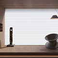 White Blinds In Wooden Window Area With Black Sculpture Modern Gray Bowl And Floor Lamp