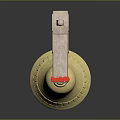 Brass Bell Hanging On Red Accent Wooden Support Structure With Dark Background