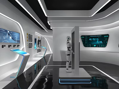 Futuristic Exhibition Interior With Robot Interactive Screens Modern Lighting And Reflective Floor 3d model