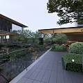 Serene Courtyard Garden With Lush Trees Water Feature And Modern Seating Area