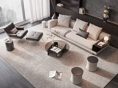 Modern Beige Sofa and Round Coffee Table Set with Plush Pillows Soft Rug and Stylish Stools 3d model