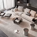 Modern Beige Sofa and Round Coffee Table Set with Plush Pillows Soft Rug and Stylish Stools