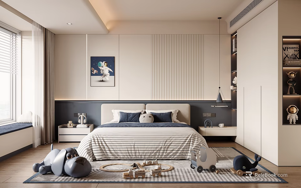 Modern Kids Room Interior With Striped Bed Stuffed Toys Rug And Toy Cars 3d model 