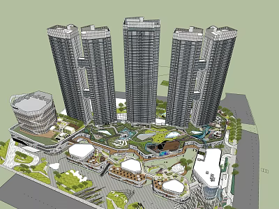 Commercial Street with Tall Buildings Open Space Greenery and Circular Plaza 3d model