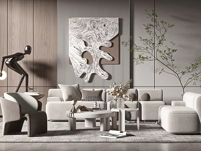 Beige Sofa White Coffee Table Set Modern Interior With Wooden Wall Decorative Painting Green Plant 3d model
