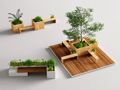Stylish Wooden Outdoor Chair With Garden Plants Tree And Planters On Deck 3d model
