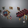 Toy Building Blocks Scene Components With Red Seats Banners Figures And Decorative Paintings