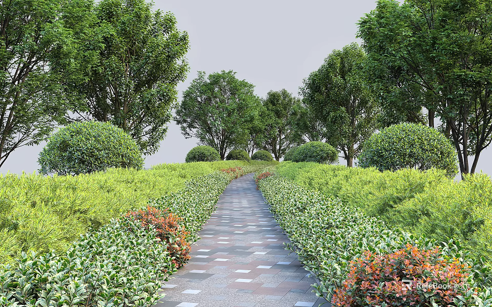 Park Landscape With Stone Pathway Lined By Neatly Trimmed Shrubs Colorful Flower Beds And Trees 3d model 