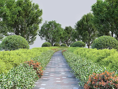 Park Landscape With Stone Pathway Lined By Neatly Trimmed Shrubs Colorful Flower Beds And Trees 3d model