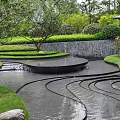 Lush Garden Landscape With Stepped Water Pool Green Plants And Surrounding Trees