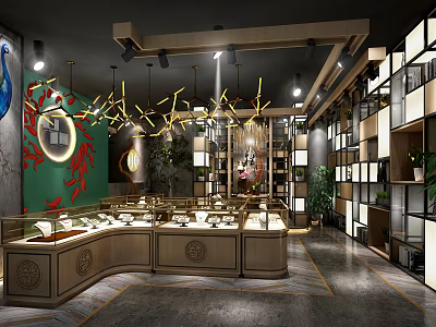 Modern Chinese Jewelry Store Interior With Display Counters Chandeliers Green Accent Wall And Peacock Decoration 3d model